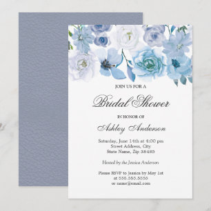 Invitación de ducha de novia con flores grises azu