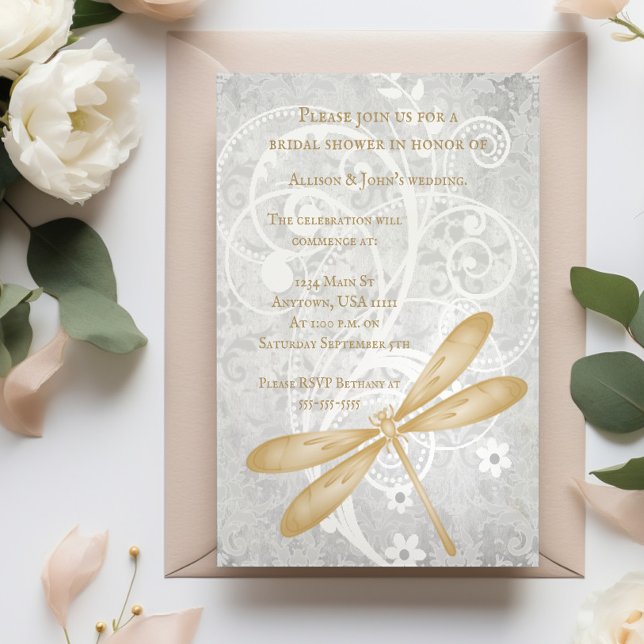 Invitación de ducha de novia con libélula dorada (Gold Dragonfly Bridal Shower Invitation)