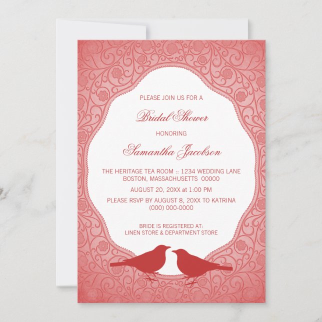 Invitación de ducha de novia con marco floral rojo (Anverso)