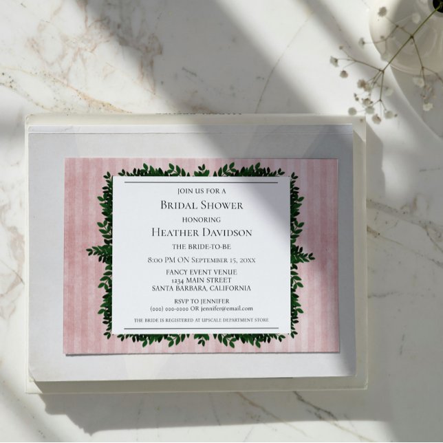 Invitación de ducha de novia con rayas rosadas de  (Pink Vintage Striped Foliage Bridal Shower Invite)