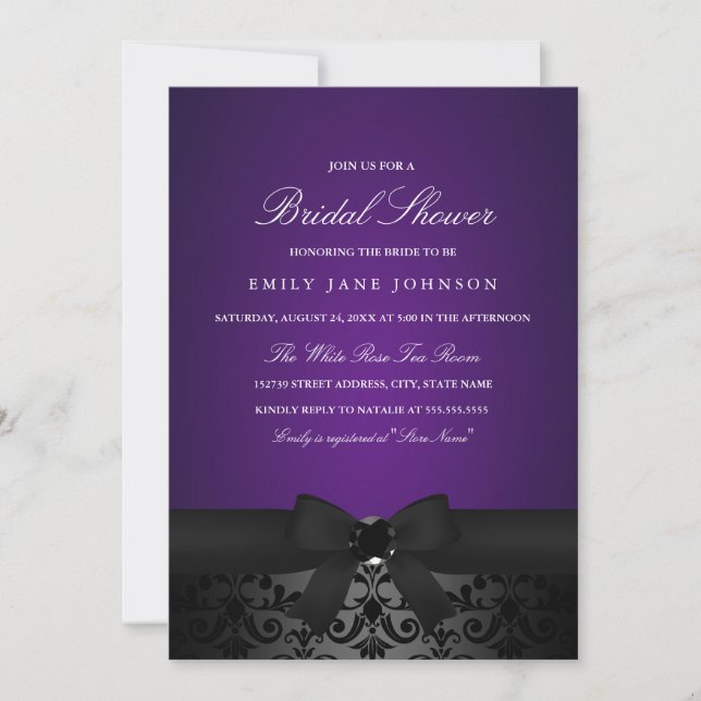 Invitación de ducha de novia Damask Black & Purple (Anverso)