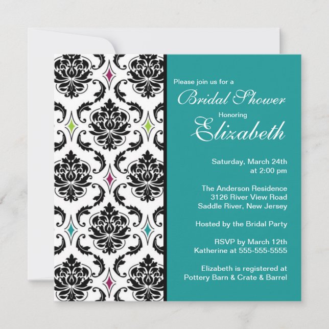 Invitación de ducha de novia Damask Black & Turquo (Anverso)