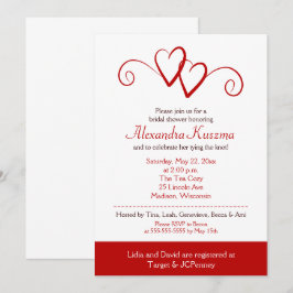 Invitación de ducha de novia de dos corazones rojo