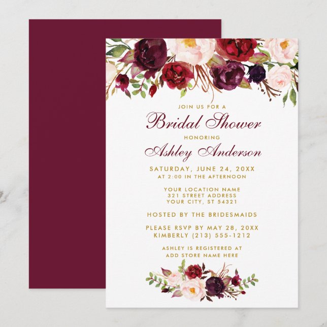 Invitación de ducha de novia dorada floral borgoño (Anverso / Reverso)