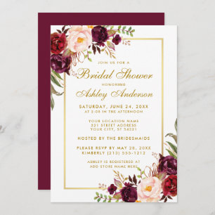 Invitación de ducha de novia dorada floral borgoño