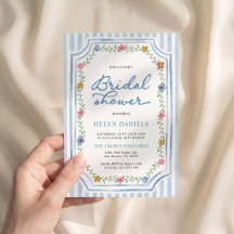 Invitación de ducha de novia floral a rayas azules