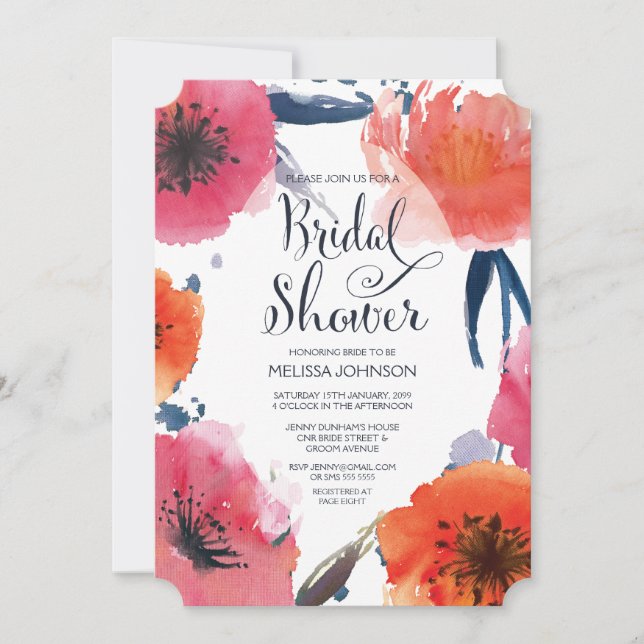 Invitación de ducha de novia floral acuática de la (Anverso)