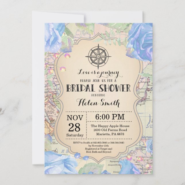 Invitación de ducha de novia floral azul de viaje (Anverso)