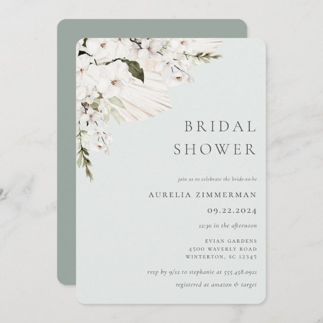 Invitación de ducha de novia floral blanca (Anverso / Reverso)