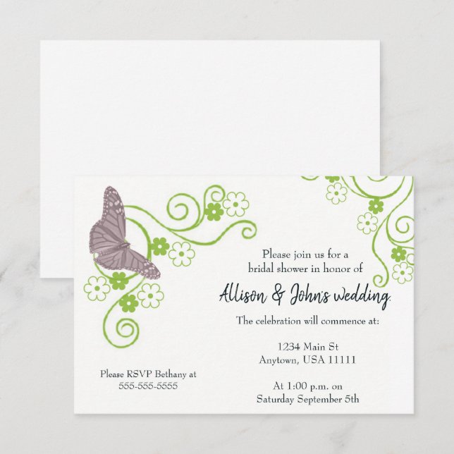 Invitación de ducha de novia floral de mariposa ro (Anverso / Reverso)