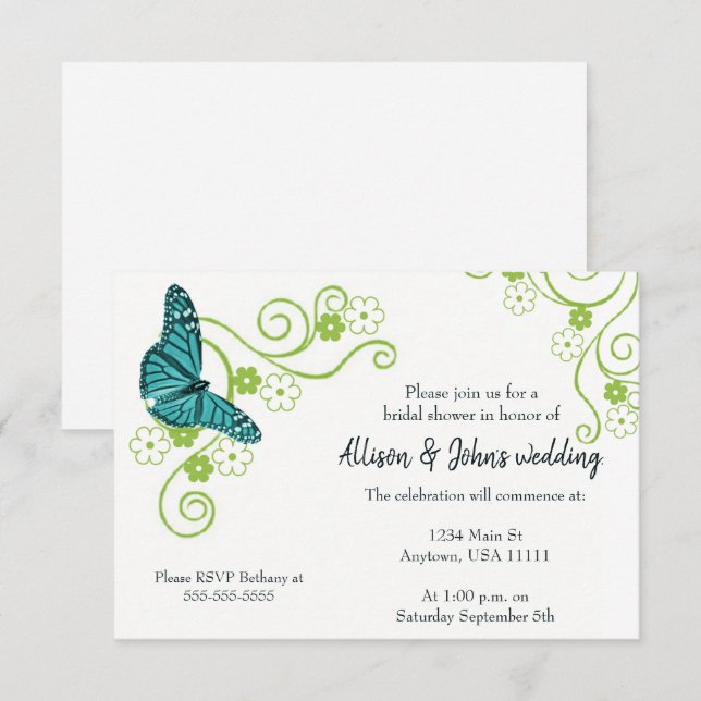 Invitación de ducha de novia floral de mariposa ve (Anverso / Reverso)