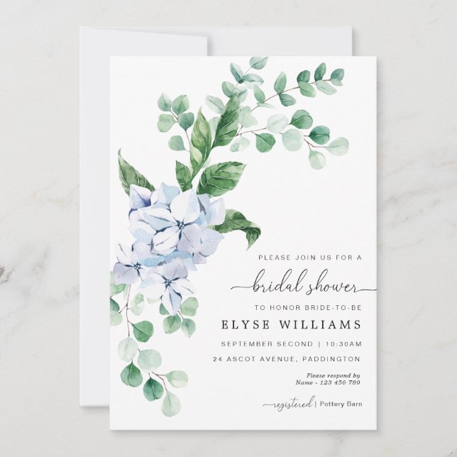 Invitación de ducha de novia floral Hydrangea azul (Anverso)