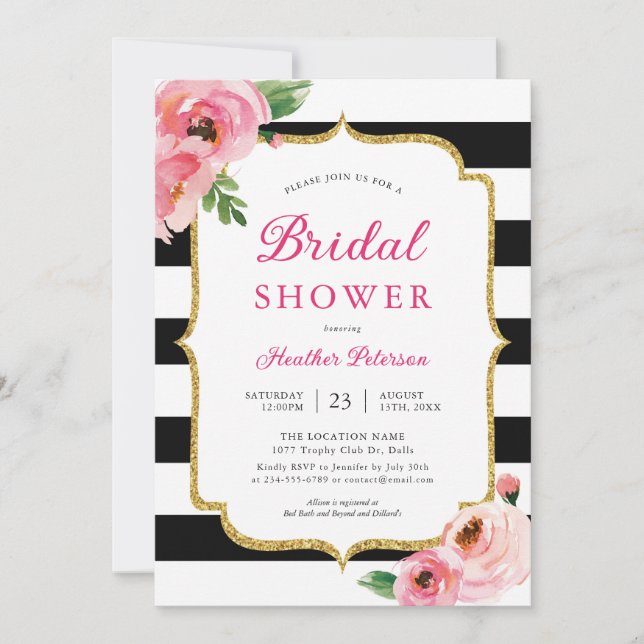 Invitación de ducha de novia floral rosa de franja (Anverso)