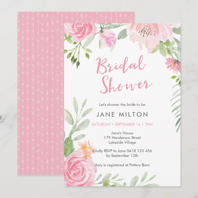 Invitación de ducha de novia floral rosa Rubor (Anverso / Reverso)