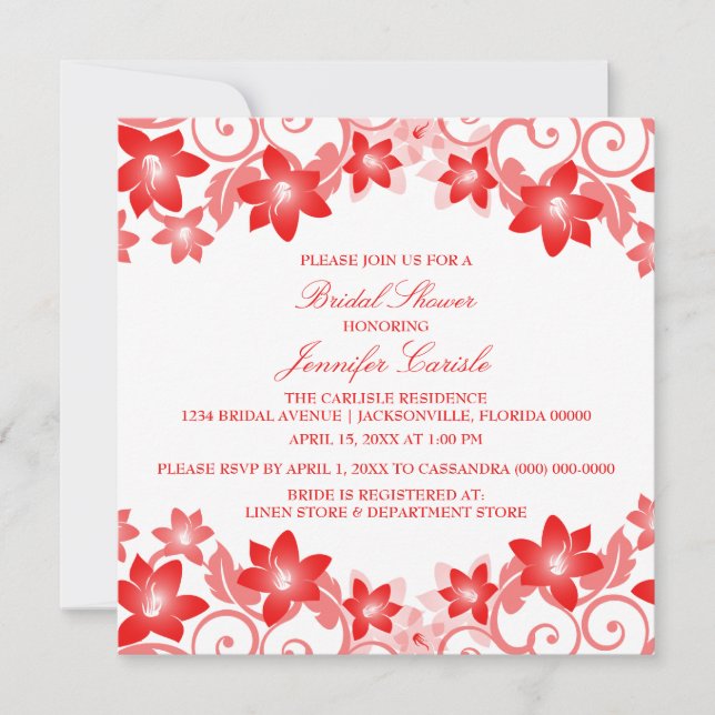 Invitación de ducha de novia floral simple roja (Anverso)