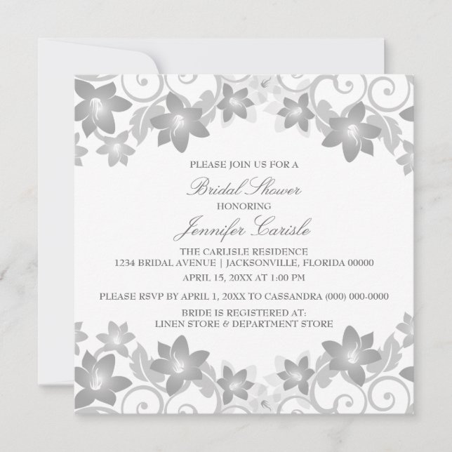 Invitación de ducha de novia grisácea simple flora (Anverso)