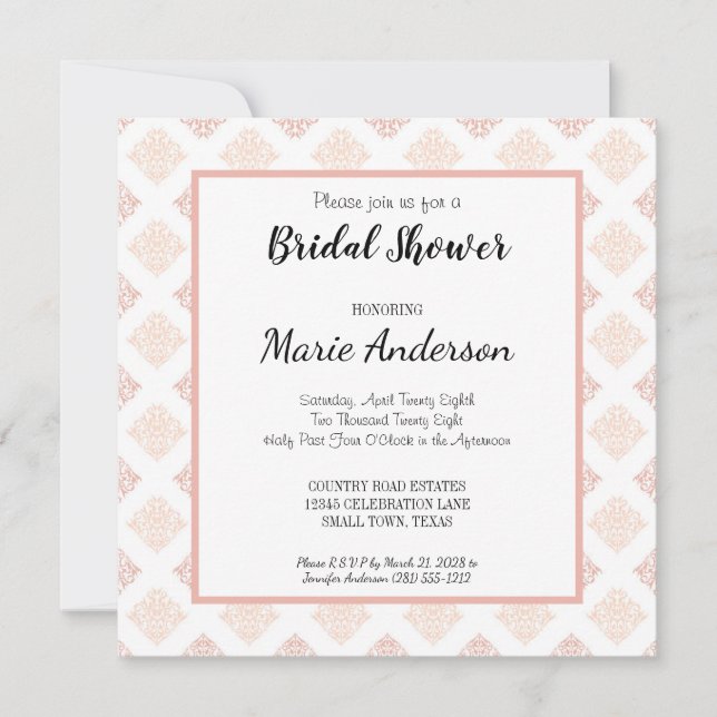 Invitación de ducha de novia suave de Rubor Damask (Anverso)