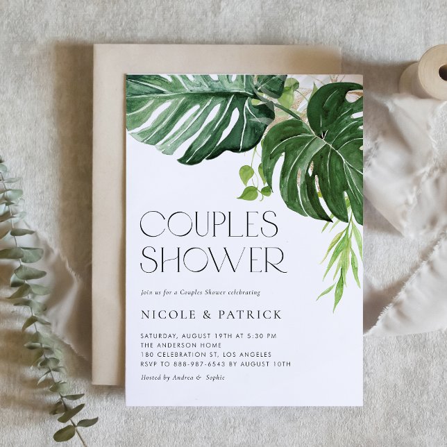 Invitación de Ducha de Novia Tropical con Hojas de (A tropical-theme couples shower invitation featuring watercolor monstera leaves and greenery. )