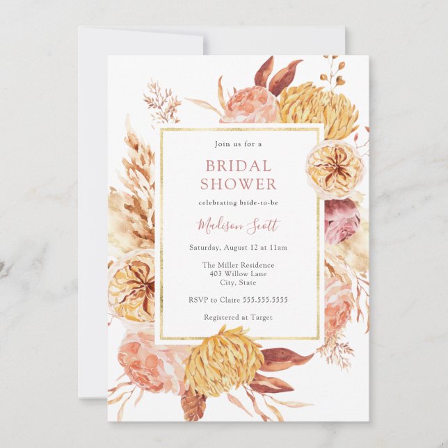 Invitación de ducha de novias con marco floral de  (Anverso)
