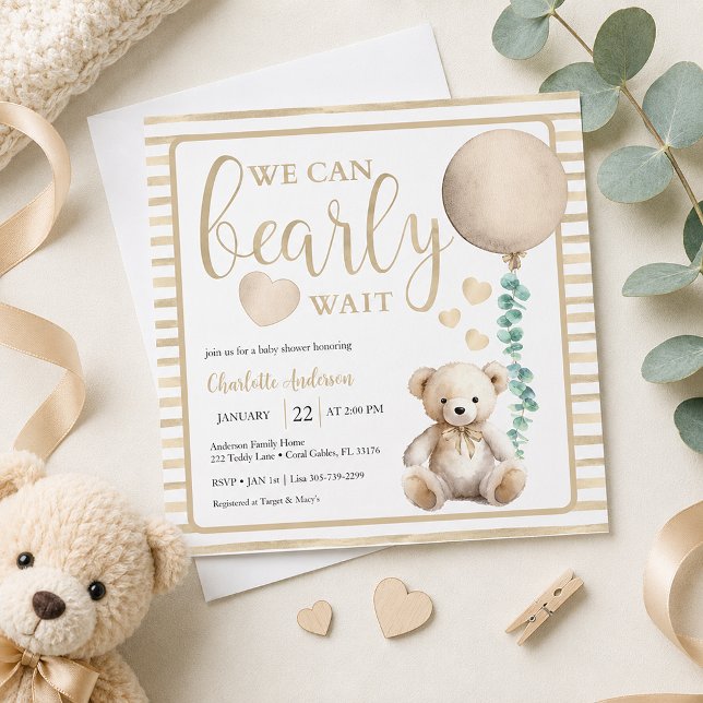 Invitación de ducha de osito de peluche Neutral Be (Baby shower invitation with teddy bear)