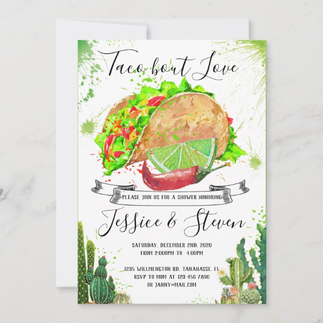 Invitación de ducha de pareja enamorada taco cactu (Anverso)