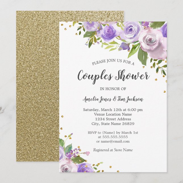 Invitación de ducha de parejas con destellos de or (Anverso / Reverso)