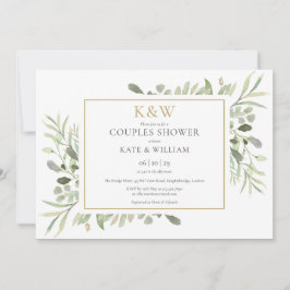 Invitación de ducha de parejas con monograma dorad