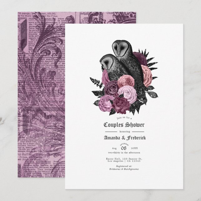 Invitación de ducha de parejas de búho gótico y fl (Anverso / Reverso)