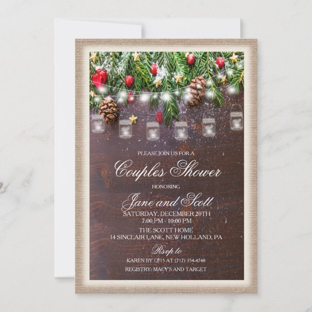 Invitación de ducha de parejas de vacaciones rústi (Anverso)