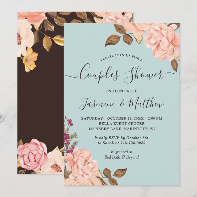 Invitación de ducha de parejas floral Aqua Blush (Anverso / Reverso)