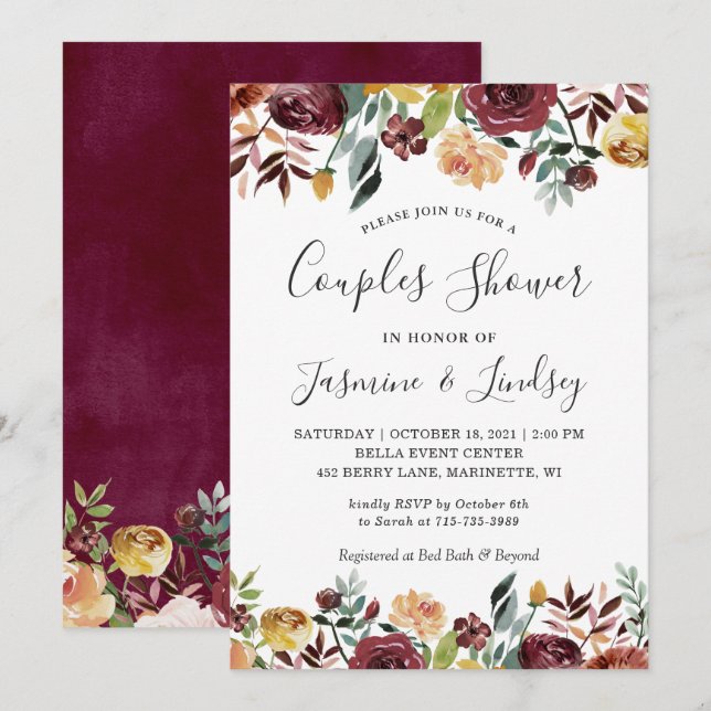 Invitación de ducha de parejas florales de otoño (Anverso / Reverso)
