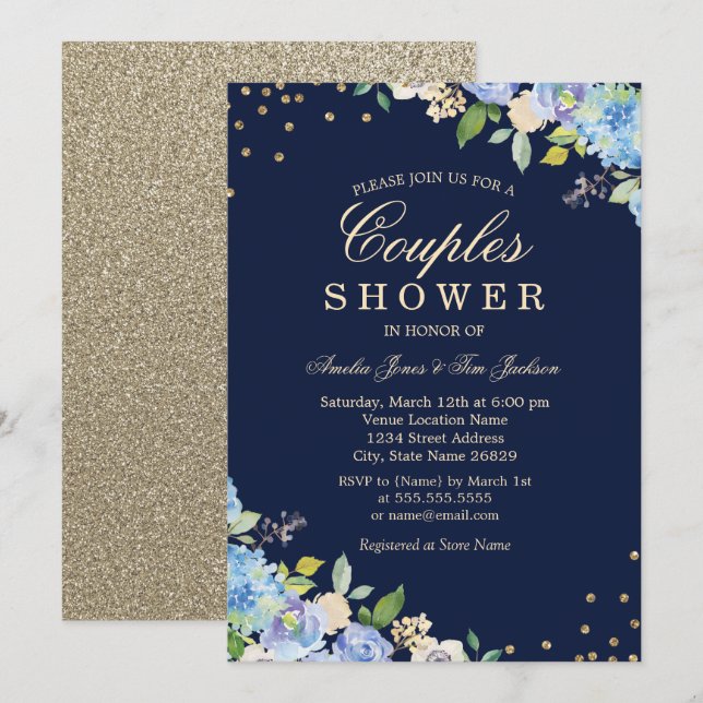 Invitación de ducha de parejas Sparkle Floral Azul (Anverso / Reverso)