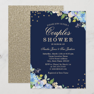 Invitación de ducha de parejas Sparkle Floral Azul