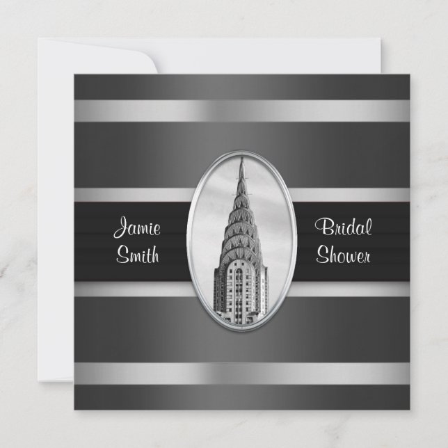 Invitación de Ducha Edificio Chrysler Negro, Plata (Anverso)