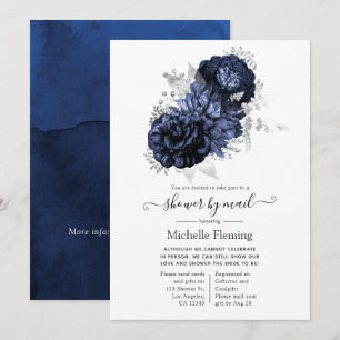 Invitación de ducha floral azul marino y plata por