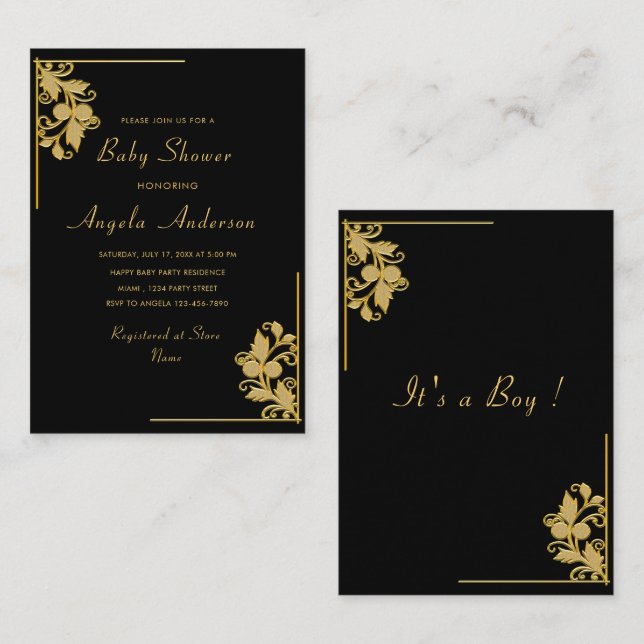 Invitación de ducha Floral Black Gold Baby Boy (Anverso / Reverso)