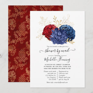 Invitación de ducha floral de acuarela roja y azul
