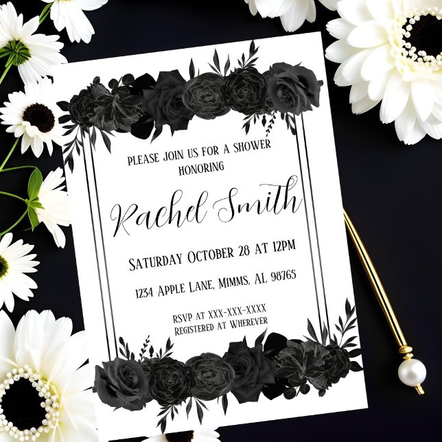 Invitación de ducha floral en negro y blanco (Subido por el creador)