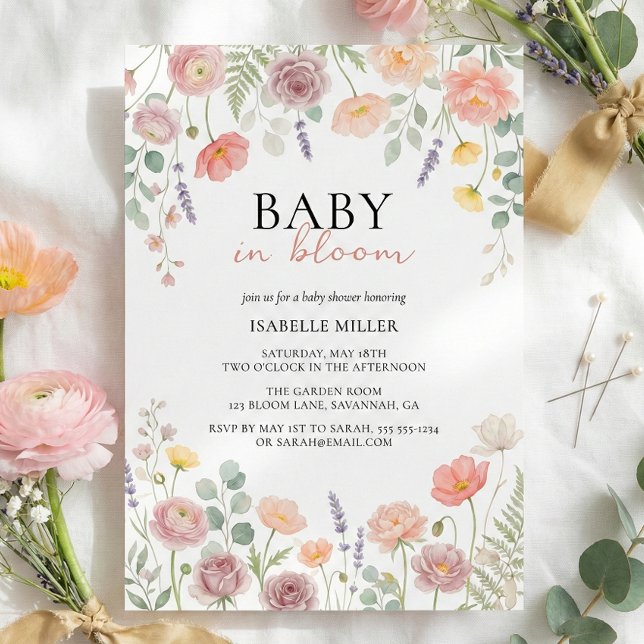 Invitación de Ducha Floral Primaveral de Rosa y Ve (Baby In Bloom Blush & Teal Spring Floral Shower Invitation)
