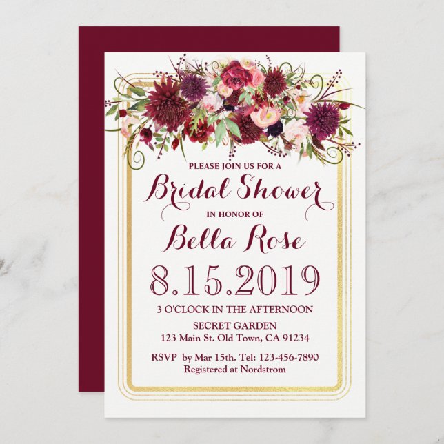 Invitación de ducha marsala de oro rojo borgoña do (Anverso / Reverso)