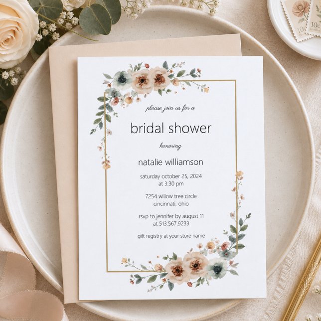 Invitación de ducha nupcial con marco de flor neut (Subido por el creador)