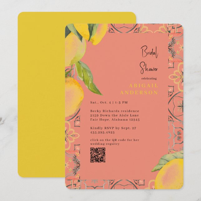 Invitación de Ducha Nupcial Redondeada de Limones  (Anverso / Reverso)