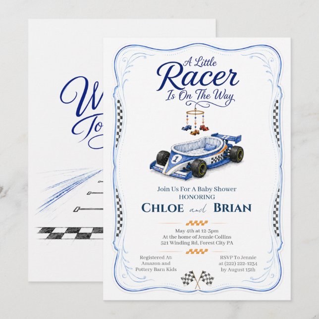Invitación de ducha para cuna de Little Racer  (Anverso / Reverso)