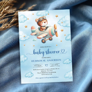 Invitación de ducha para niño Teddy Bear Pilot Azu