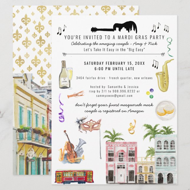 Invitación de Ducha para Pareja de Mardi Gras (Anverso / Reverso)