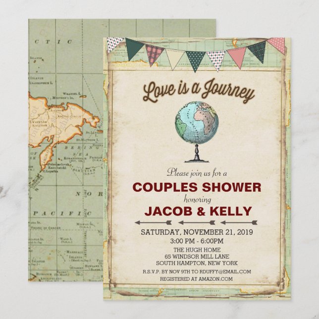 Invitación de ducha para parejas de viaje con glob (Anverso / Reverso)