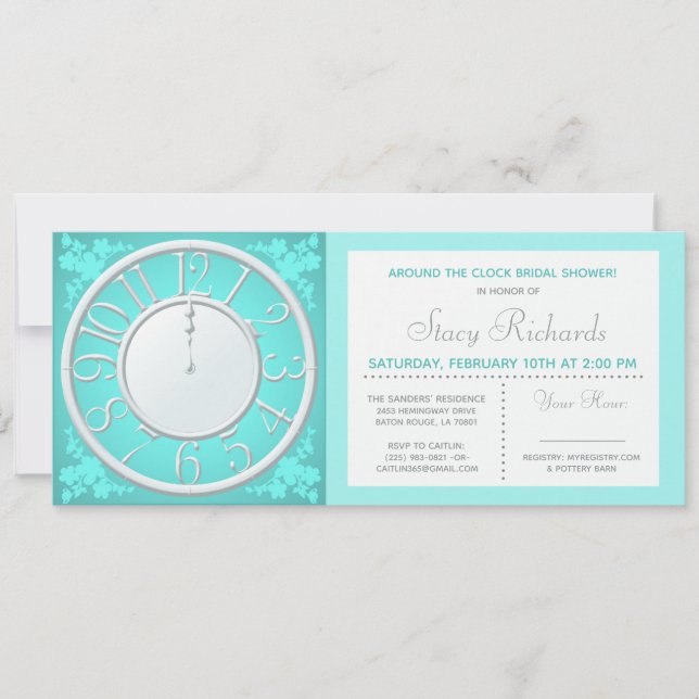 Invitación de ducha Teal Floral Around the Clock (Anverso)