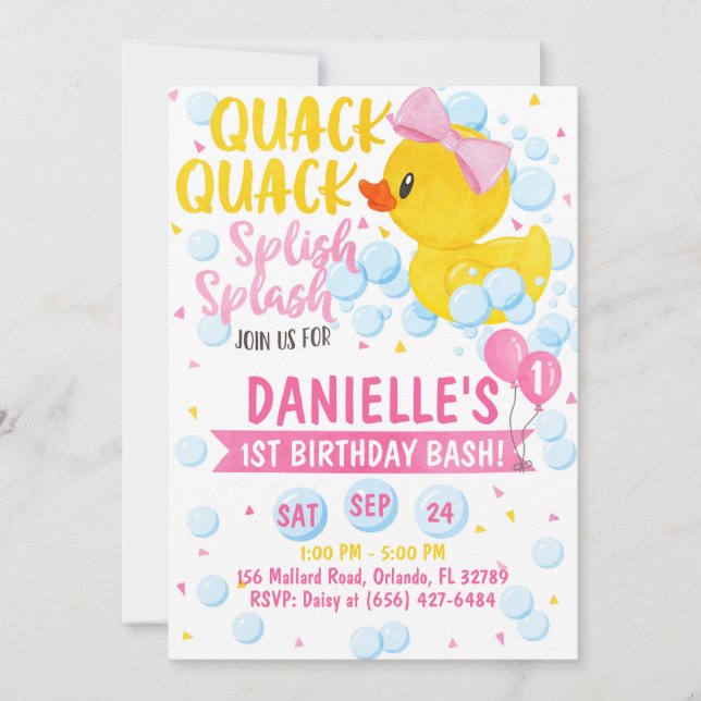 Invitación de duckie rosa de goma (Anverso)