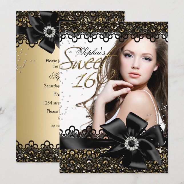 Invitación de dulces 16 con encaje y brillo dorado (Anverso / Reverso)