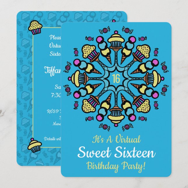 Invitación de dulces 16 pasteles y Fiestas de cara (Anverso / Reverso)
